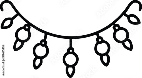 One continuous line drawing of Christmas garland with light bulbs. Festive festoon xmas string and divider border in simple linear style. Editable stroke. Doodle vector illustration