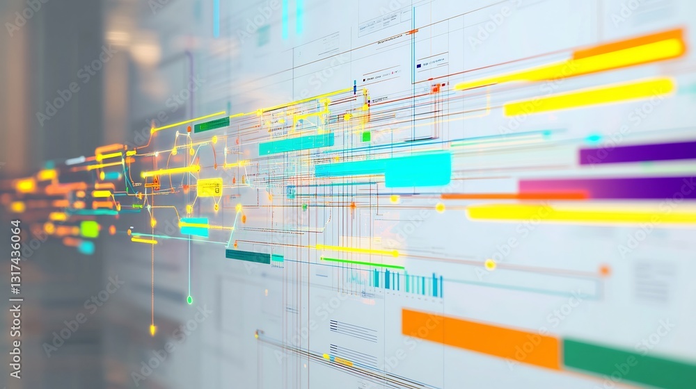 Conceptual visualization of project management highlighting symbolic chart flowing connections representing task coordination Conceptual visualization of project management highlighting symbolic chart flowing connections representing task coordination