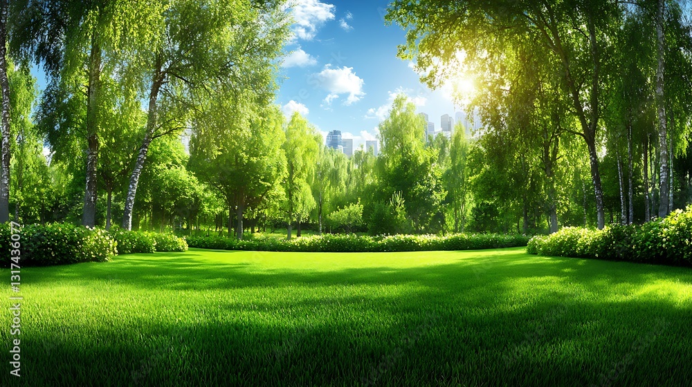 Naklejka premium Lush green park with city skyline.
