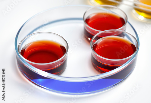 Colorful liquid samples are placed in Petri cups within a laboratory, highlighting experimentation with chemical elements and cosmetic products. photo