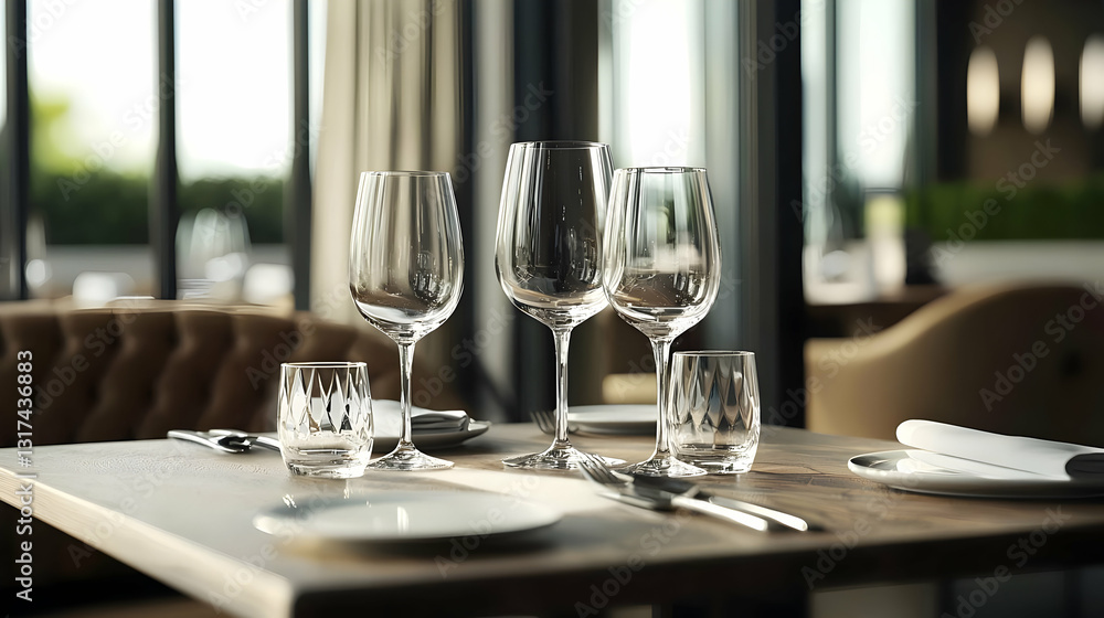 Elegant Restaurant Table Setting With Wine Glasses And Cutlery On Rustic Wooden Table In Modern Dining Room Interior Design With Natural Light Elegant Restaurant Table Setting With Wine Glasses And Cutlery On Rustic Wooden Table In Modern Dining Room Interior Design With Natural Light