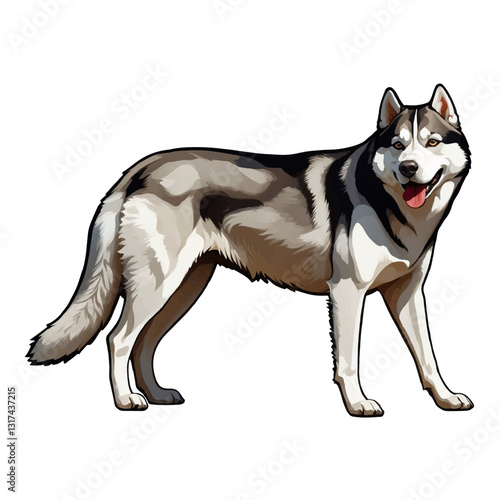 Siberian husky standing alert with expressive gaze in a natural outdoor setting during daylight hours