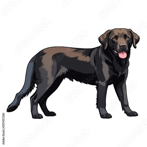 Illustration of a standing brown dog with a red collar in a minimalist style showcasing its features