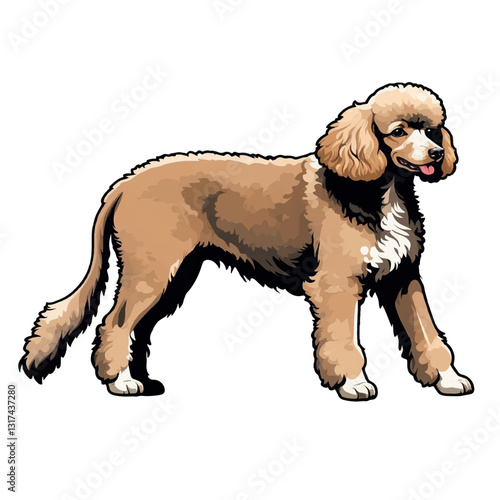 A playful poodle dog stands proudly, showcasing its fluffy coat and vibrant personality