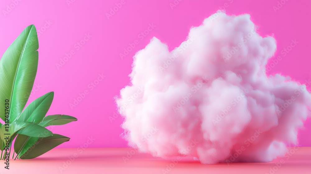 Fototapeta premium Pink Cloud Against Vibrant Pink Background with Green Leaves