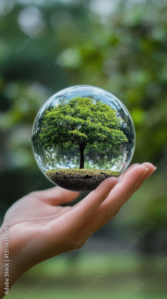 A clear sphere displays a tree held gently in someones hand A clear sphere displays a tree held gently in someones hand