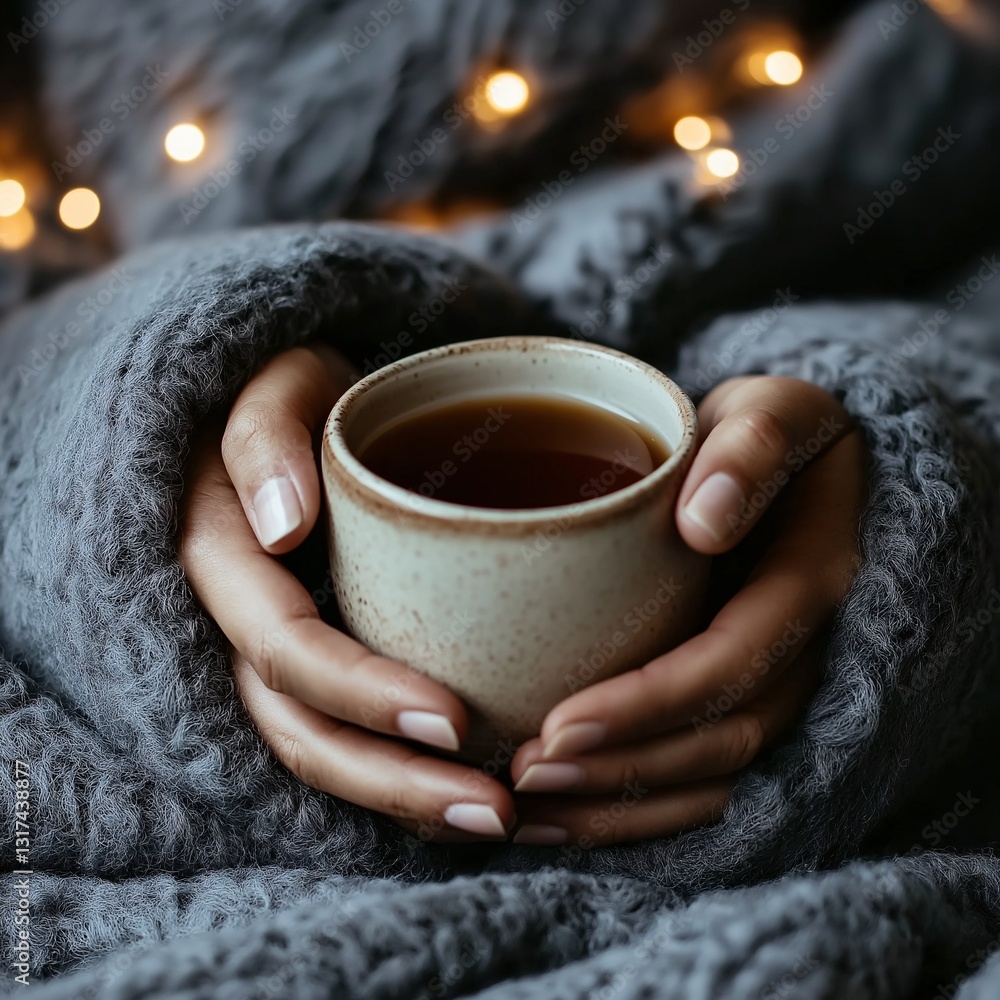 Cozy hands embrace a warm cup, wrapped in a soft, knitted blanket. Cozy hands embrace a warm cup, wrapped in a soft, knitted blanket.