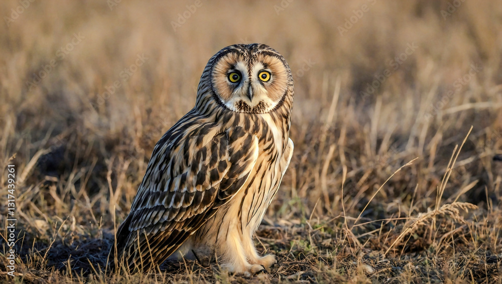 Short-eared owl perched in a natural setting. Short-eared owl perched in a natural setting.