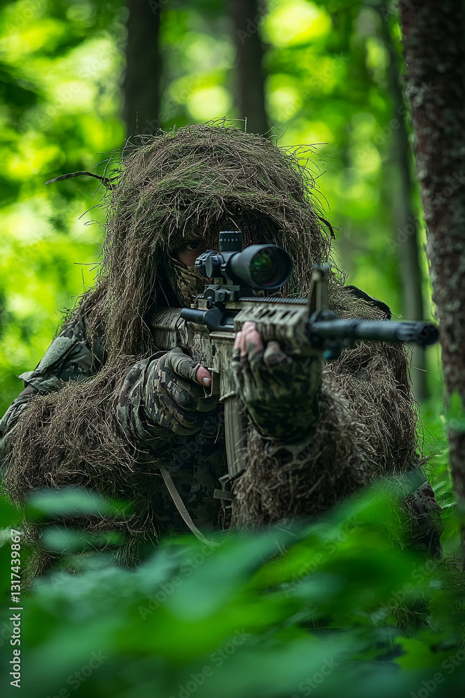 Obraz premium A person in a ghillie suit holding a rifle stands in a forest, blending seamlessly with the dense foliage for camouflage.