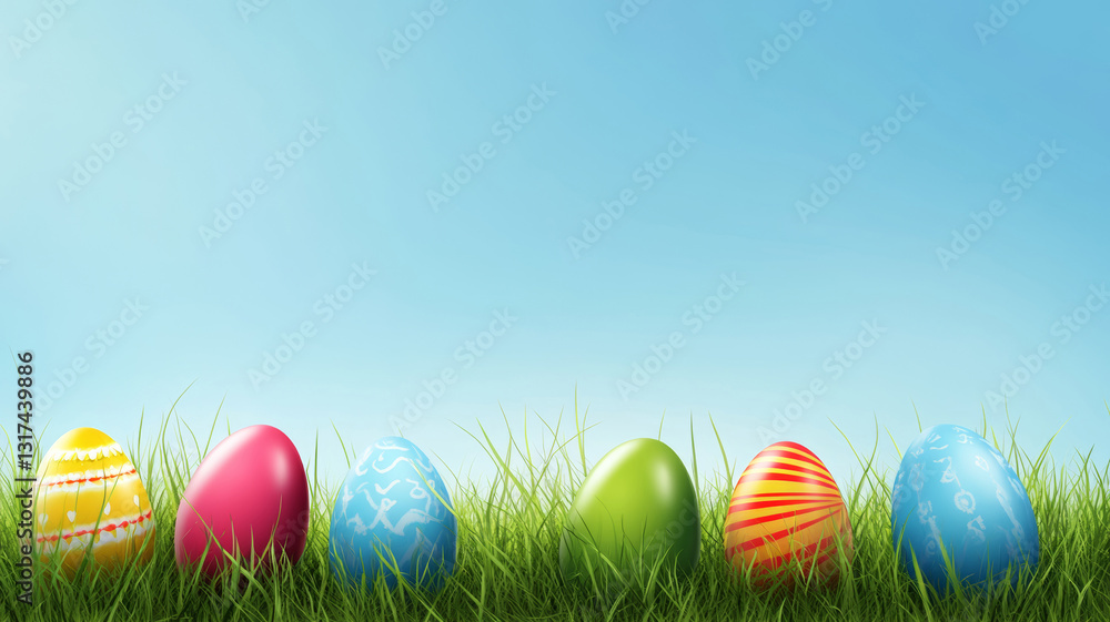 Easter eggs on green grass with blue sky background Easter eggs on green grass with blue sky background