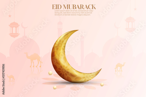 Ramadan kareem banner template. Eid mubarak holiday celebration background design template with half moon, mosque, star and mosque. Islamic 3D realistic background design with luxury color. 