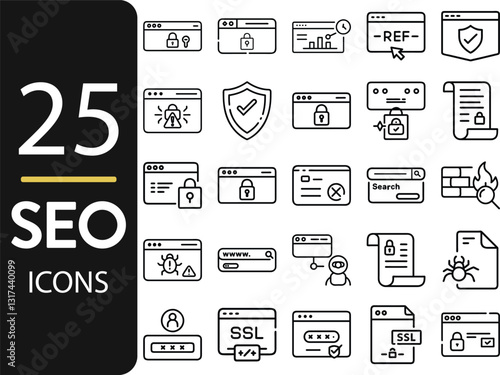 Modern Editable Thin Line Style Icons Set Search Engine Optimization Of Technology Icons: Web Development, Strategy, Optimization And More. Pictograms And Infographic Vector Illustration