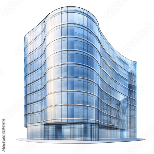 Corporate building with a curved glass facade and atrium, isolated on a white transparent background.