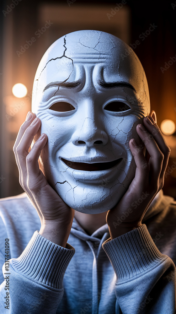 Close-up of cracked white mask with smiling expression, held by hands, showcasing fragility and deception, symbolizing hidden emotions or identity crisis Close-up of cracked white mask with smiling expression, held by hands, showcasing fragility and deception, symbolizing hidden emotions or identity crisis