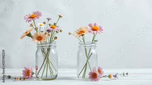Floral Harmony: Charming daisies and delicate blossoms grace glass jars, creating a captivating still life that celebrates the beauty of nature's artistry and the delicate balance of a visual delight.