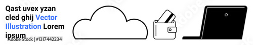 Cloud next to wallet containing cards and laptop. Ideal for data security, online banking, digital wallets, cloud storage services, financial security, tech startups, fintech. Landing page