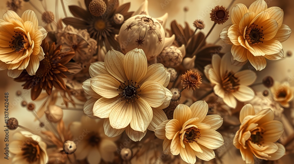 Golden Floral Display: A captivating arrangement of golden and sepia-toned flowers blossoms, creating a vintage-inspired artwork Golden Floral Display: A captivating arrangement of golden and sepia-toned flowers blossoms, creating a vintage-inspired artwork