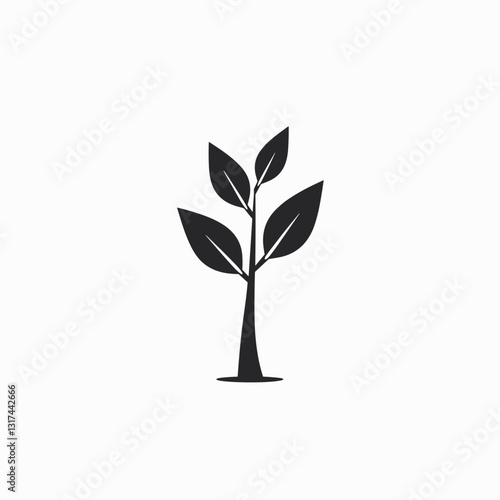 Minimalist black and white tree sapling icon on white background, growth