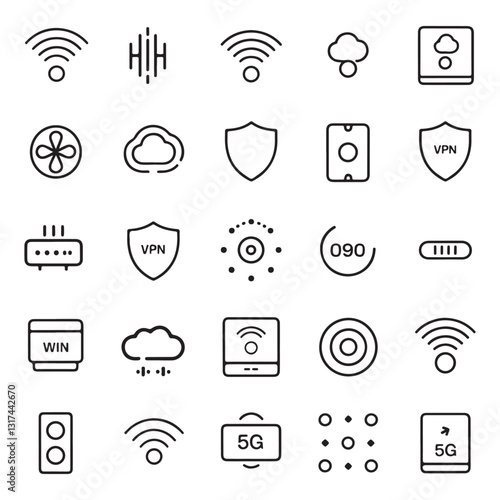 30 Minimalist Line Icons for WiFi & Internet Connectivity – VPN, 5G, Cloud Sync, Speed Test & More | Editable Vector Set