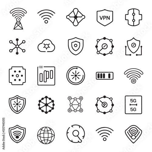 30 Minimalist Line Icons for WiFi & Internet Connectivity – VPN, 5G, Cloud Sync, Speed Test & More | Editable Vector Set