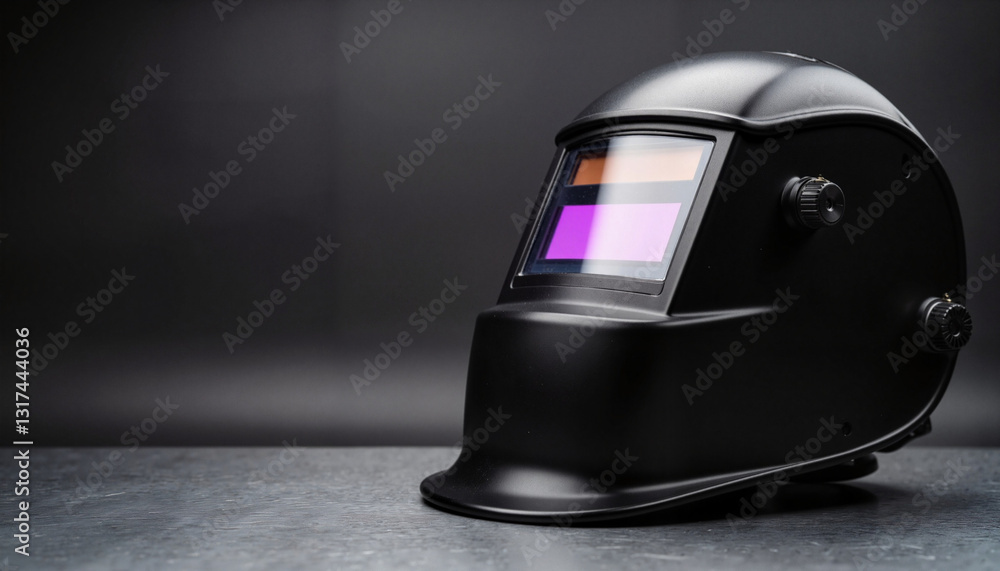 Fototapeta premium Welding mask resting on metal table in soft light, industrial symbolism