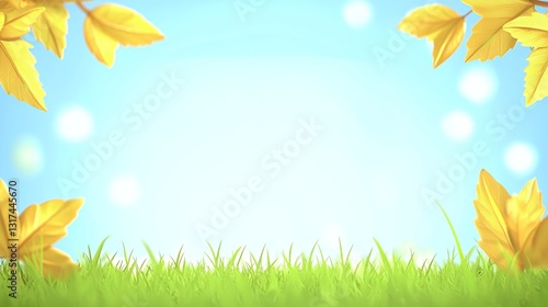 Bright Yellow Leaves and Green Grass on Blue Sky Background
