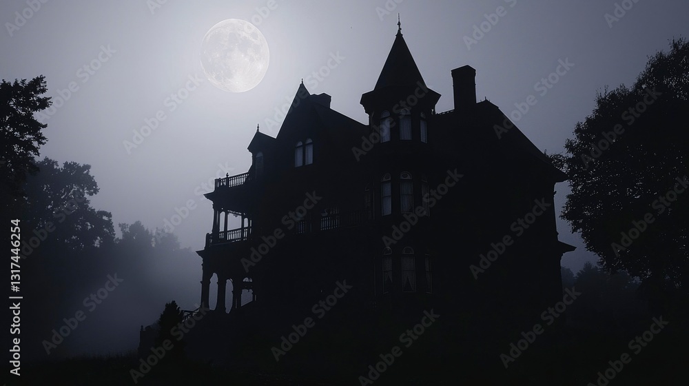 Haunted House at Night, Foggy Landscape Haunted House at Night, Foggy Landscape