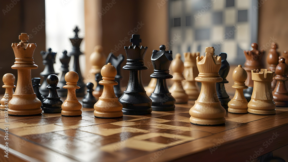 A Strategic Chess Match Unfolds, Showcasing The Quiet Intensity Of The Game With Rich, Warm Wooden Tones And A Blurred Background A Strategic Chess Match Unfolds, Showcasing The Quiet Intensity Of The Game With Rich, Warm Wooden Tones And A Blurred Background