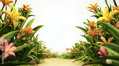 Bright Yellow Orange and Pink Flowers Path in Lush Green Garden