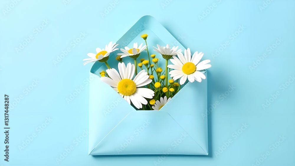 A cute and adorable blue envelope with daisies and bright yellow mimosa flowers is perfect for the spring season.
