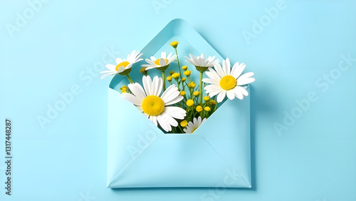 A cute and adorable blue envelope with daisies and bright yellow mimosa flowers is perfect for the spring season.