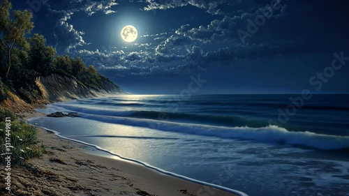 Moonlight illuminates the tranquil beach and ocean waves under a starry night sky