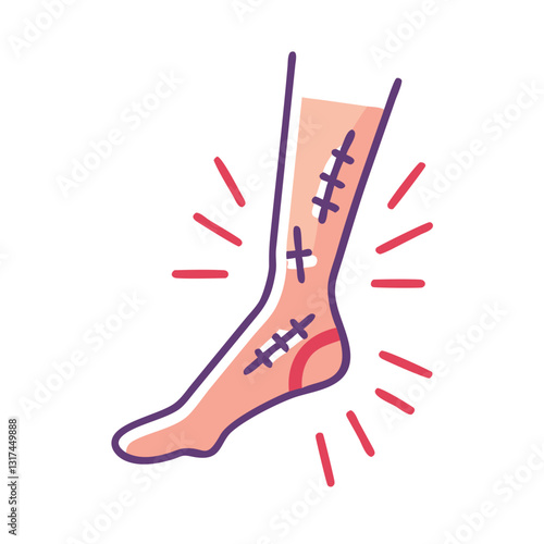 Leg injury with red pain indicators