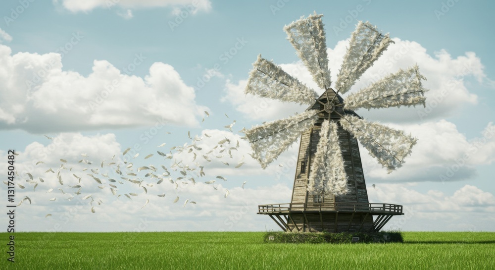Obraz premium Surreal Windmill with Floating Feather Blades