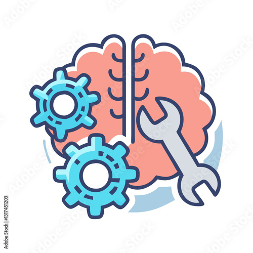 Brain with gears and wrench symbolizing problem solving