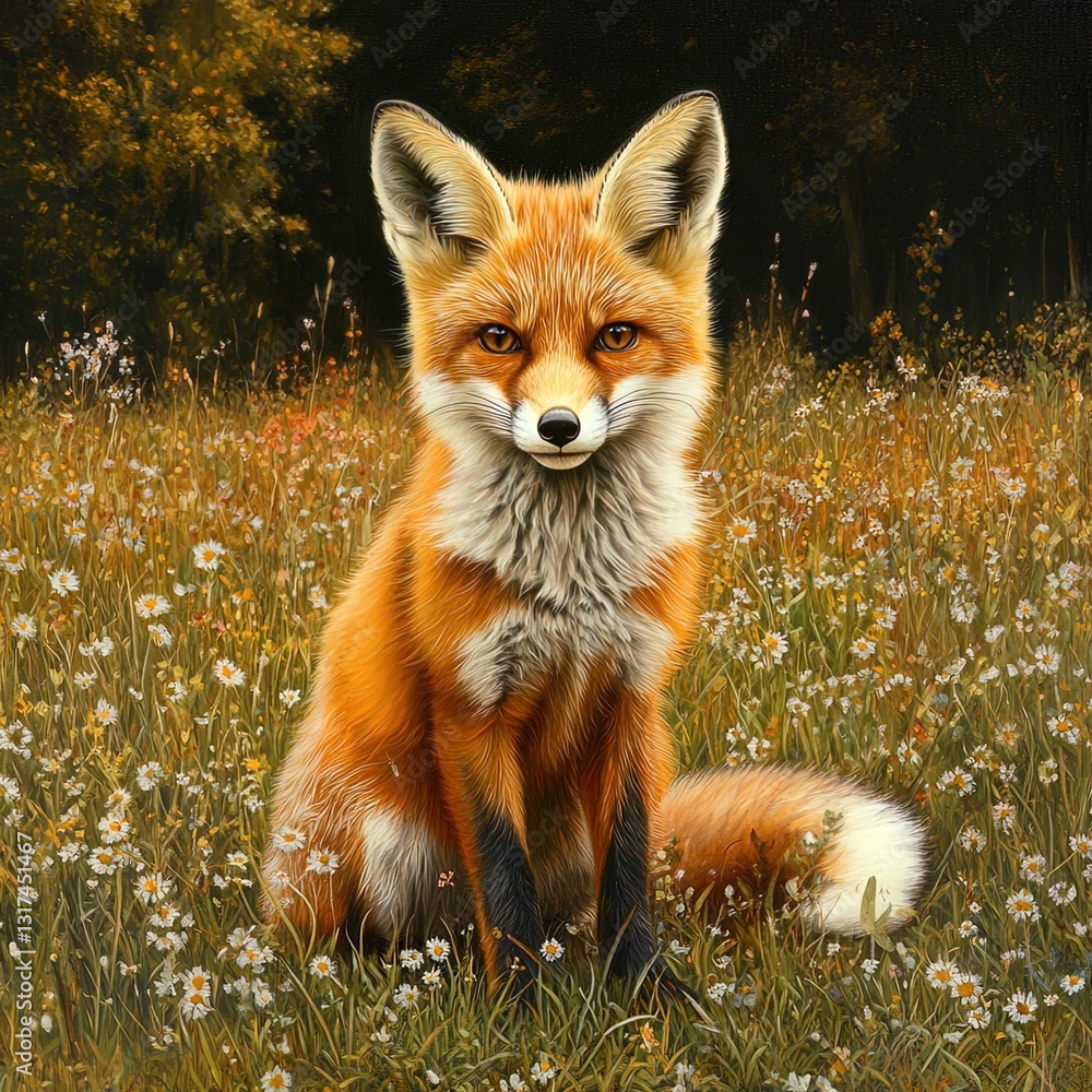 Fototapeta premium A young red fox sitting in a field of wildflowers.