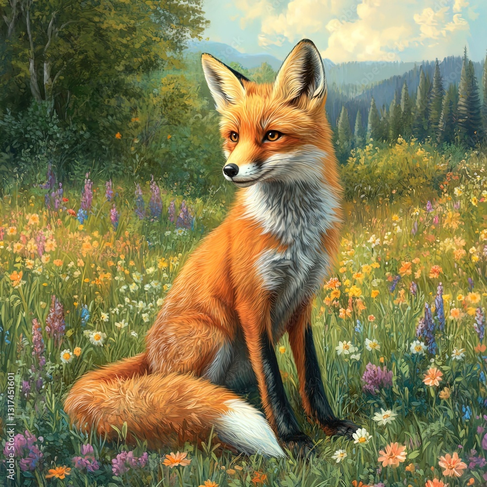 Fototapeta premium A young red fox sitting in a field of wildflowers.