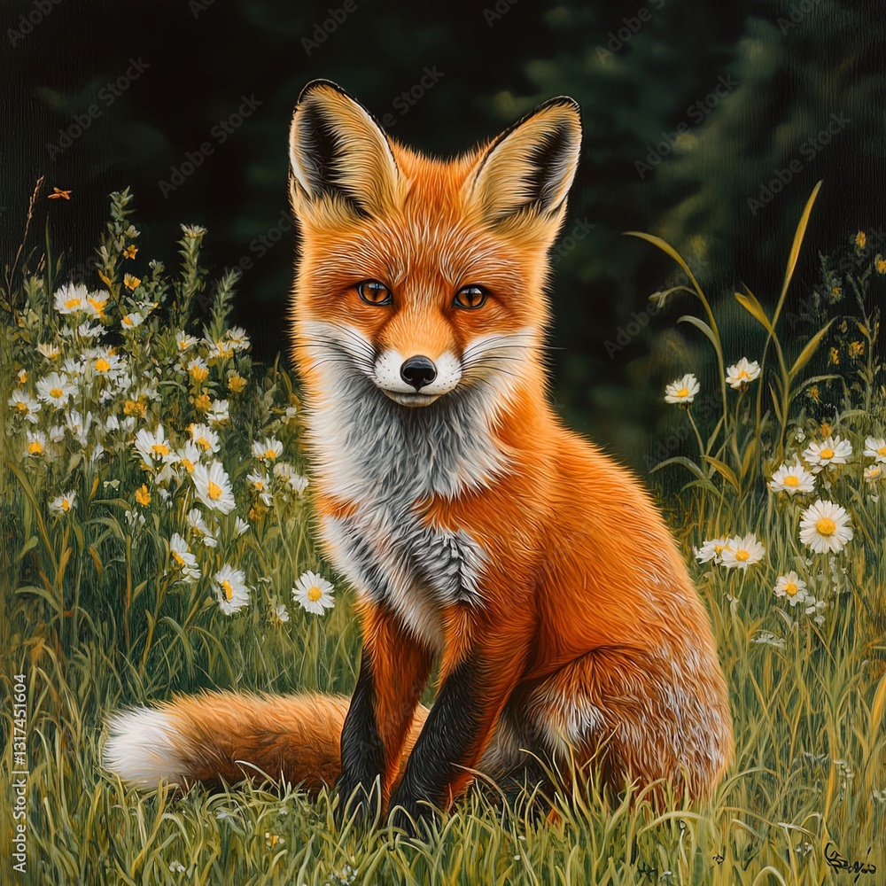 Fototapeta premium A young red fox sitting in a field of wildflowers.