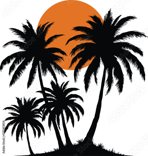 Palm tree with sunset vector illustration.