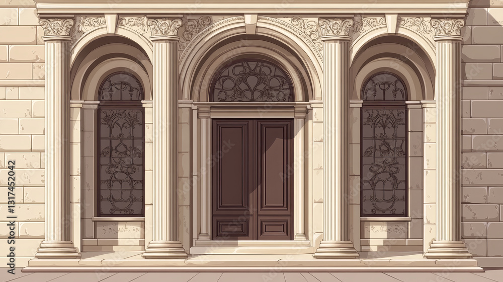 Arch design architecture construction frame classic, column structure gate door facade and gateway building ancient construction vector illustration. Arch design architecture construction frame classic, column structure gate door facade and gateway building ancient construction vector illustration.