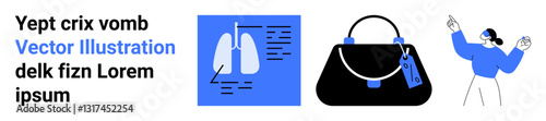 Lungs diagram over medical chart, trendy handbag with tag, abstract woman gesturing energetically. Ideal for fashion, health, shopping, lifestyle, wellness, education modern design flat landing page