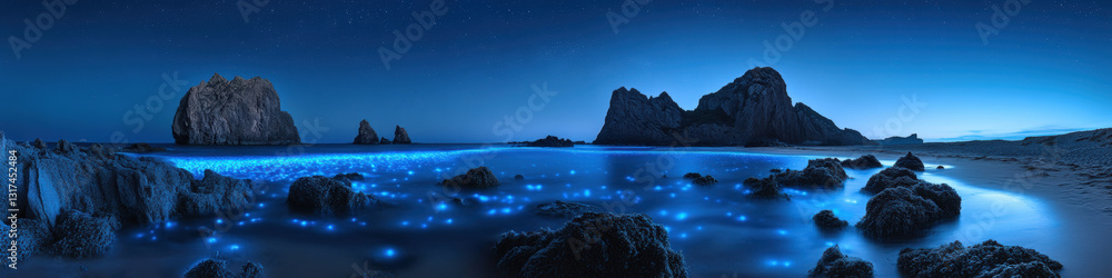 Obraz premium Dramatic coastal scene with glowing blue bioluminescent waves illuminating rocky shoreline beneath starry night sky with Milky Way. Generative AI fairy tale landscape
