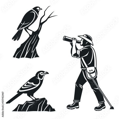 a set of icons depicting birds binoculars and a person observing nature highlighting activities related to wildlife exploration and environmental conservation