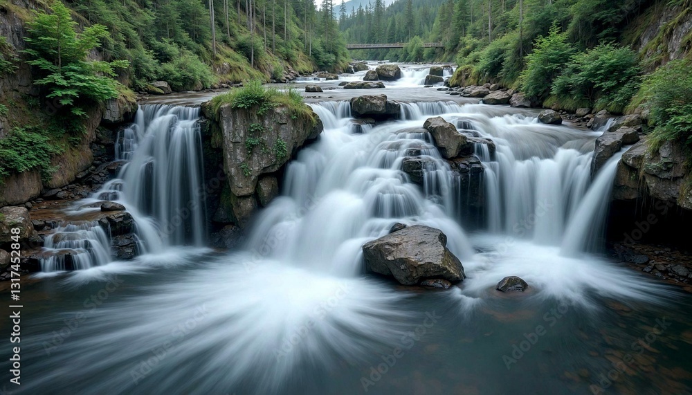 Fototapeta premium Tranquil Waterfall in Lush Green Forest