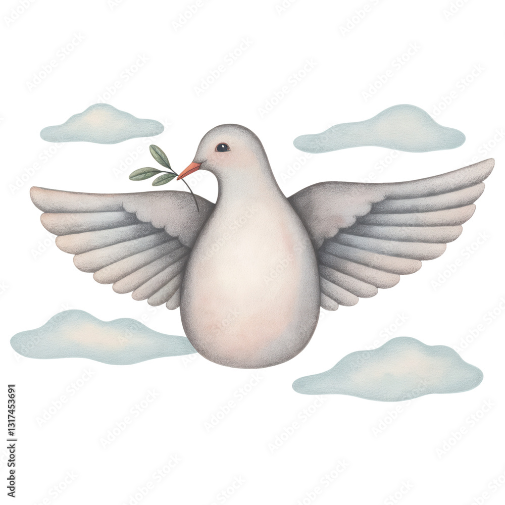 Obraz premium easter element, hand painted dove holding olive branch symbolizes peace and hope, surrounded by soft clouds