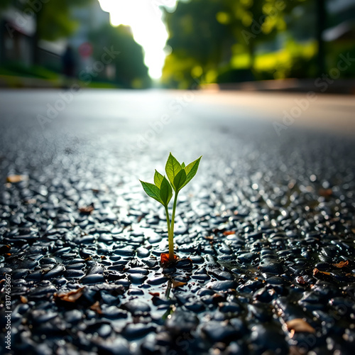 Fresh leaves sprout on wet asphalt road, morning light, nature reclaims urban space, inspiring growth