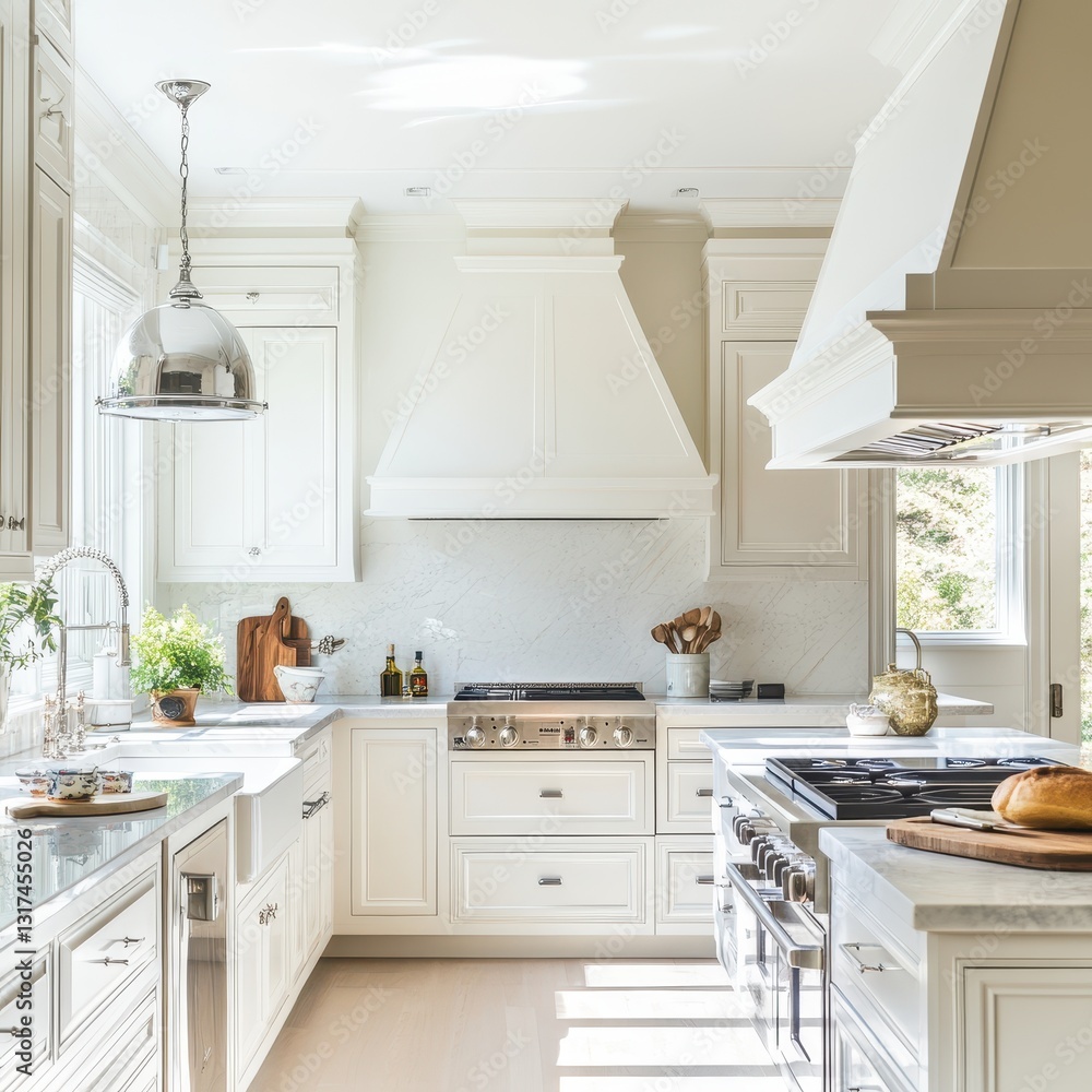 A bright and spacious modern kitchen displays clean white cabinetry A bright and spacious modern kitchen displays clean white cabinetry