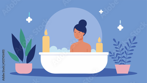 SelfCare Ritual A serene depiction of a person enjoying a bubble bath surrounded by candles and plants highlighting the importance of relaxation and selfcare for boosting
