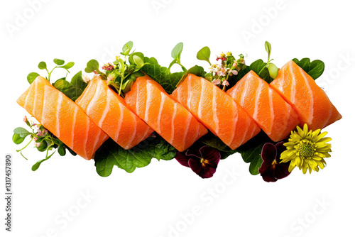 Fresh salmon sashimi arranged beautifully with herbs and flowers, showcasing vibrant colors and textures. Perfect for sushi lovers and culinary enthusiasts