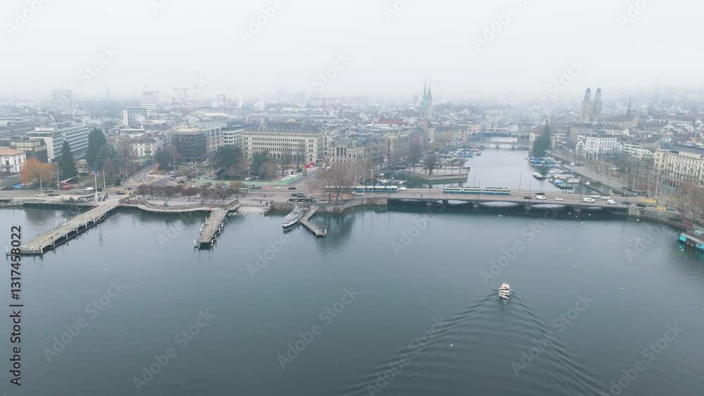 old town zurich switzerland shown foggy scene includes churches lake limmat river boat arriving water aerial drone view swiss charm cultural essence old town zurich switzerland shown foggy scene includes churches lake limmat river boat arriving water aerial drone view swiss charm cultural essence
